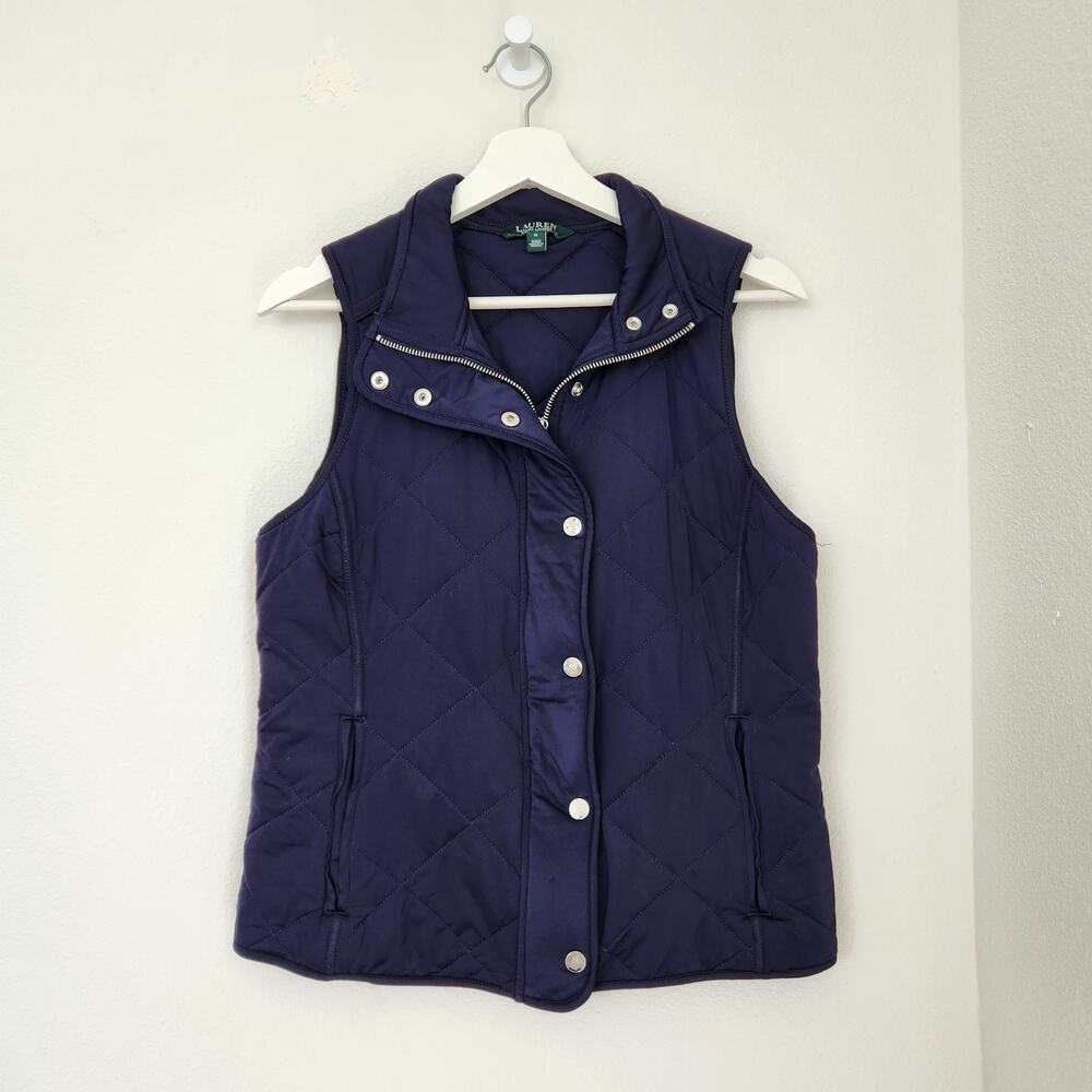 Lauren Ralph Lauren Navy Diamond Quilted Sleeveless Vest Collared Zip Front M